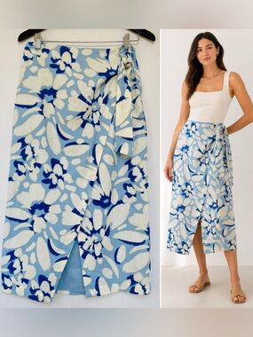 LOFT Linen Blend Faux Wrap Midi Skirt Blue Bold Floral Print Coastal Resort 4